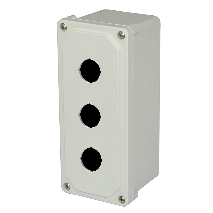 Test Product – Indust Fiberglass small junction box with 4screw liftoff cover and 3 pushbutton holes
