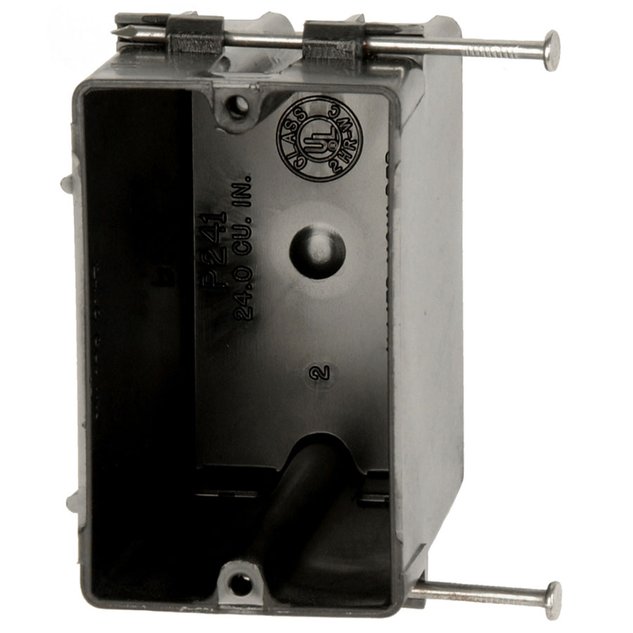ALI P-241 SINGLE-GANG SWITCH & OUTLET PLASTIC NAIL ON BOX NEW CONSTRUCTION 24 CUBIC INCHES BLACK BOX