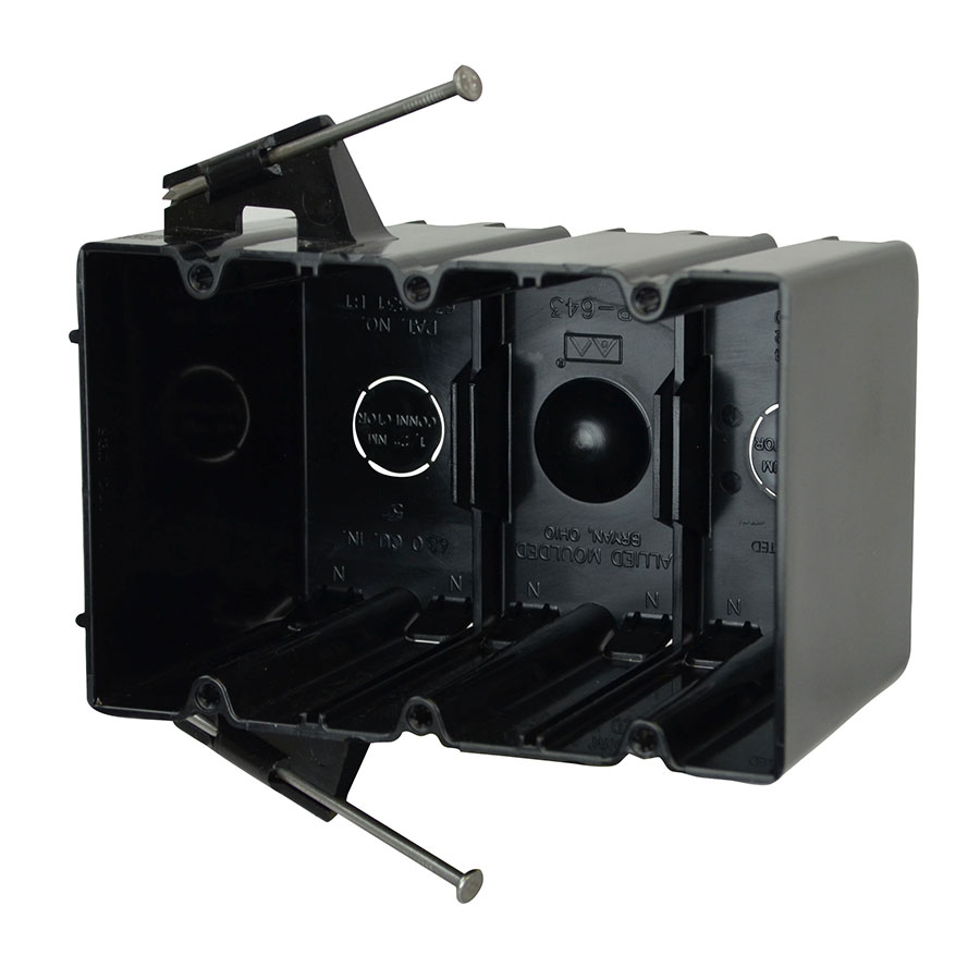 ALI P-643 THREE-GANG SWITCH & OUTLET PLASTIC NAIL ON BOX NEW CONSTRUCTION 64 CUBIC INCHES BLACK BOX