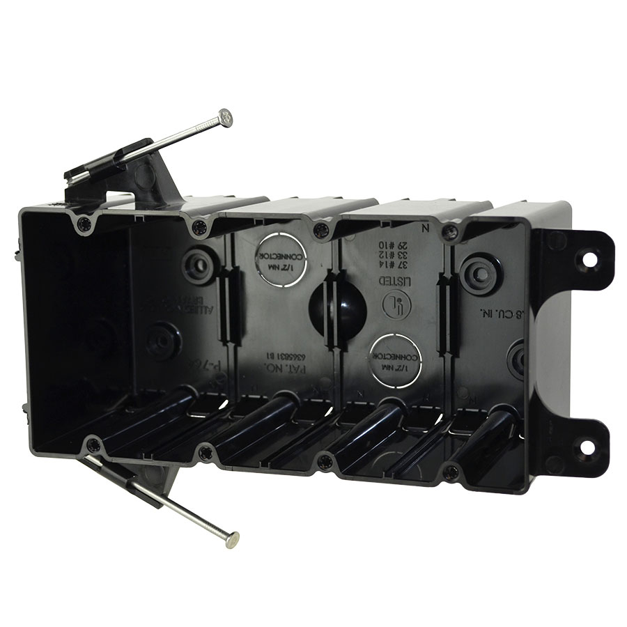 ALI P-764 FOUR-GANG SWITCH & OUTLET PLASTIC NAIL ON BOX WITH FLANGE NEW CONSTRUCTION 74.8 CUBIC INCHES BLACK BOX